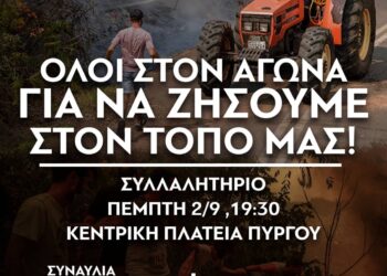 Ανακοίνωση  ΕΔΟΠ – ΔΕΗ Ν. ΗΛΕΙΑΣ: “Ολοι στη συγκέντρωση για τους πυρόπληκτους την Πέμπτη 2 Σεπτεμβρίου”