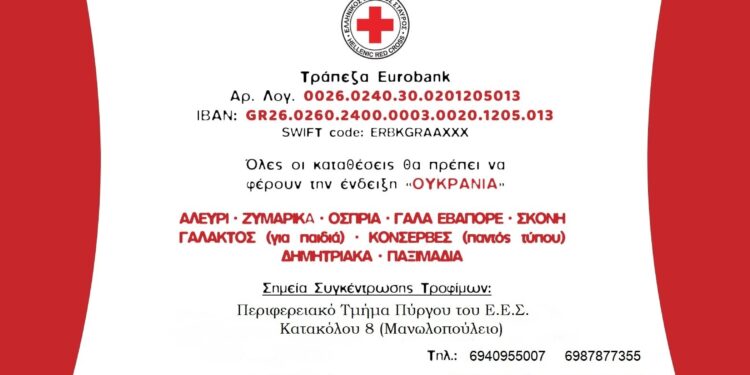 ΕΛΛΗΝΙΚΟΣ ΕΡΥΘΡΟΣ ΣΤΑΥΡΟΣ – Περιφερειακό Τμήμα Πύργου : Έκκληση συγκέντρωσης τροφίμων και φαρμάκων