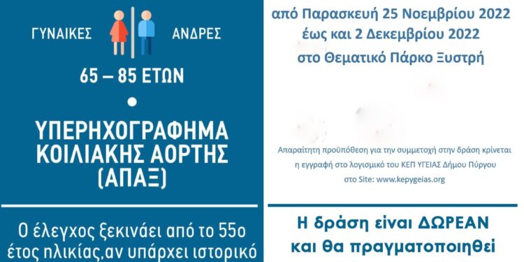 ΔΗΜΟΣ ΠΥΡΓΟΥ: Δωρεάν Πρόγραμμα Ελέγχου για το Ανεύρυσμα Κοιλιακής Αορτής από το ΚΕΠ Υγείας του Δήμου