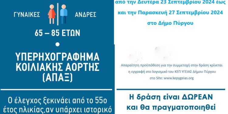 ΚΕΠ ΥΓΕΙΑΣ ΔΗΜΟΥ ΠΥΡΓΟΥ: Δωρεάν Πρόγραμμα Ελέγχου για το Ανεύρυσμα Κοιλιακής Αορτής