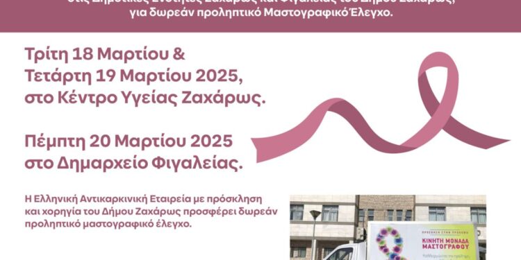 ΔΗΜΟΣ ΖΑΧΑΡΩΣ: Δωρεάν Μαστογραφικός Έλεγχος και Τεστ ΠΑΠ